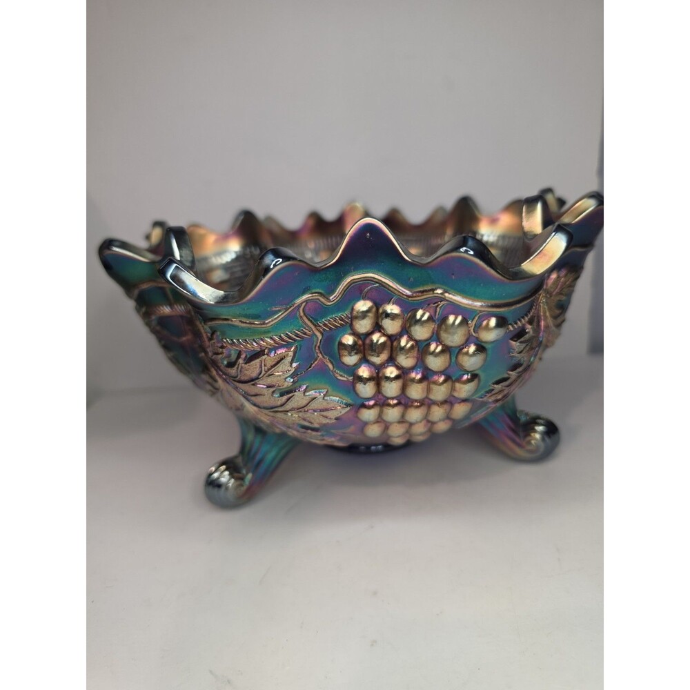 Antique Fenton Amethyst Carnival Glass Grape & Cable Persian Medallion Footed